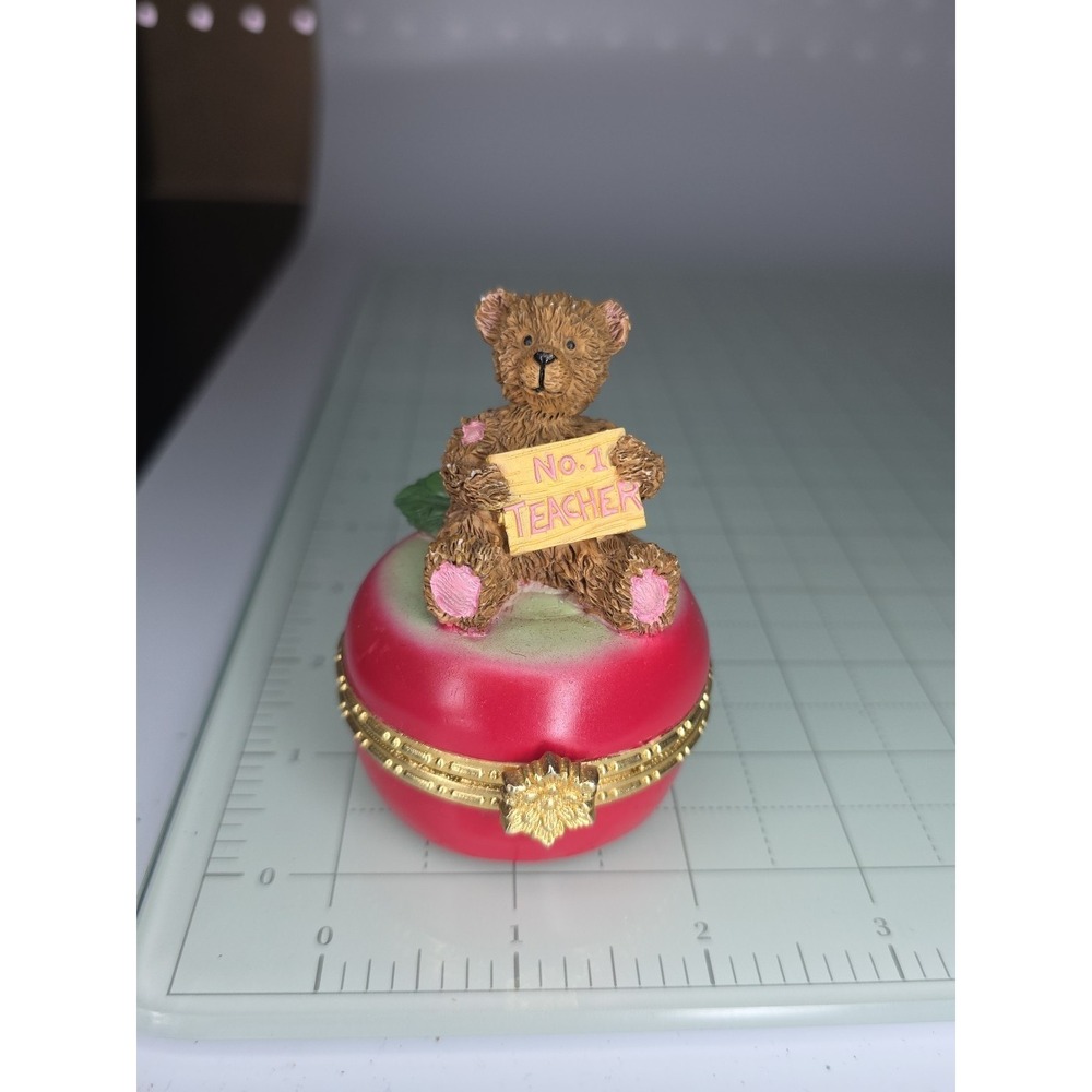 Vintage hinged Trinket Box #1‎ Teacher Hinged Bear Sitting On Red Apple